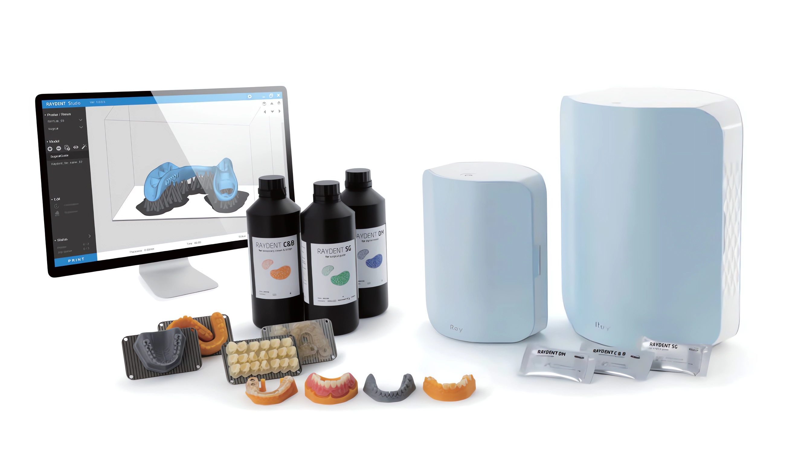 RAYDent 3D-Drucker mit RAYDENT Studio Software, Harzen und gedruckten Modellen